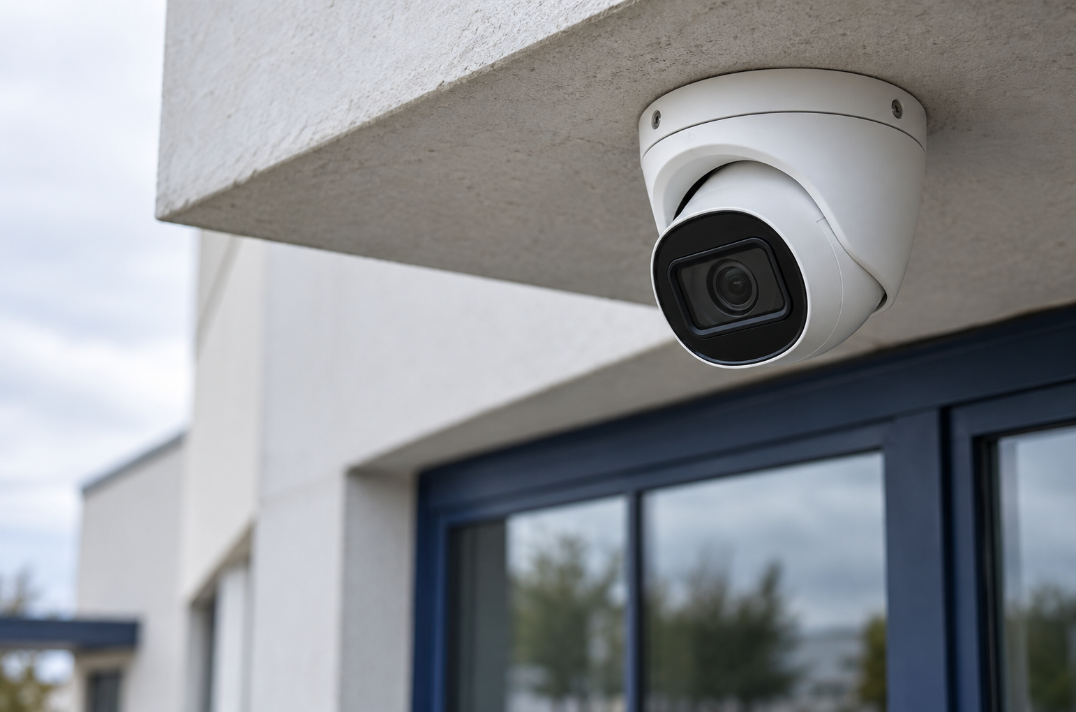 Técnico instalando una cámara de seguridad en la fachada de un edificio